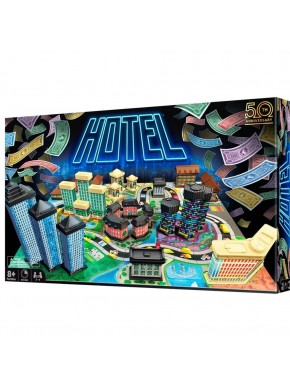 Caja del juego de mesa Hotel con piezas y tablero colorido