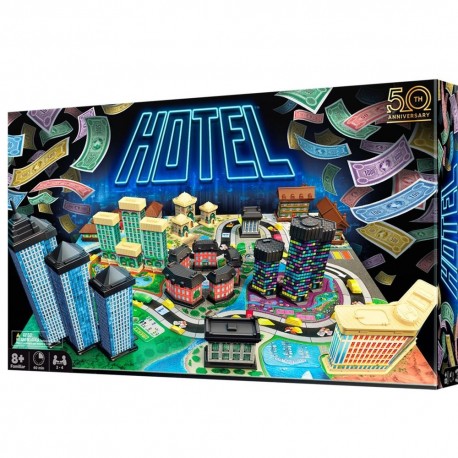 Caja del juego de mesa Hotel con piezas y tablero colorido