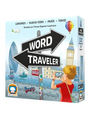 Caja y componentes del juego de mesa Word Traveler
