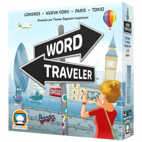 Caja y componentes del juego de mesa Word Traveler