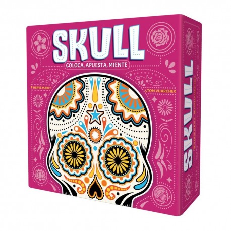 Caja y discos del juego Skull con diseño colorido