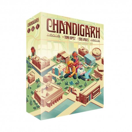 Caja y componentes del juego de mesa Chandigarh de Ludonova
