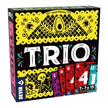Caja del juego de mesa Trio con cartas coloridas