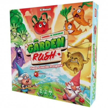 Caixa do jogo de tabuleiro Garden Rush com ilustrações coloridas