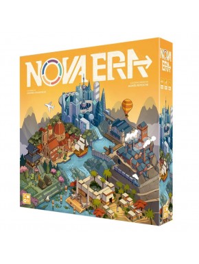 Caja del juego de mesa Nova Era con ilustraciones de civilizaciones.