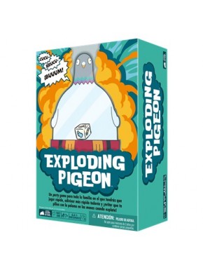 Caixa do jogo de tabuleiro Exploding Pigeon com cartas e figura de pombo