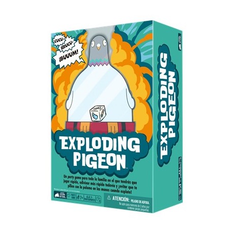 Caixa do jogo de tabuleiro Exploding Pigeon com cartas e figura de pombo