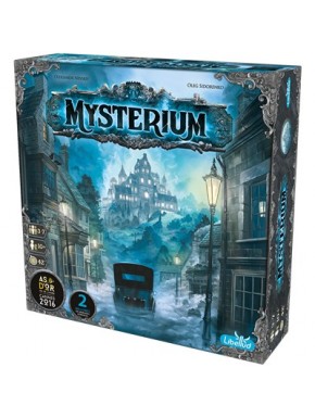 Caixa do jogo de tabuleiro Mysterium e componentes internos