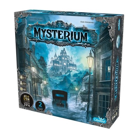 Caixa do jogo de tabuleiro Mysterium e componentes internos