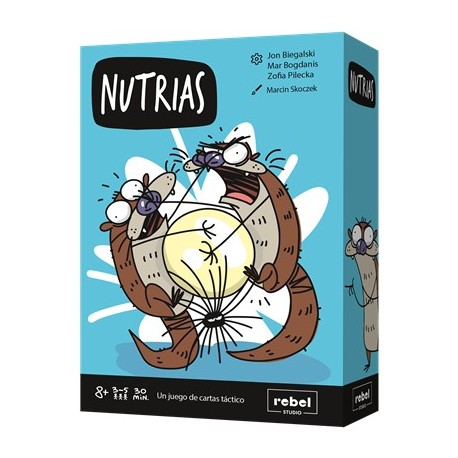Caixa do jogo de tabuleiro Nutrias com design de lontras de desenho animado
