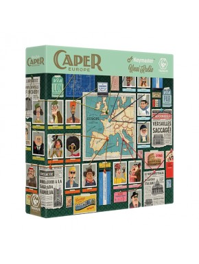 Caixa e componentes do jogo de tabuleiro Caper: Europe