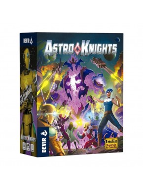 Caixa do jogo Astro Knights com heróis galácticos na capa