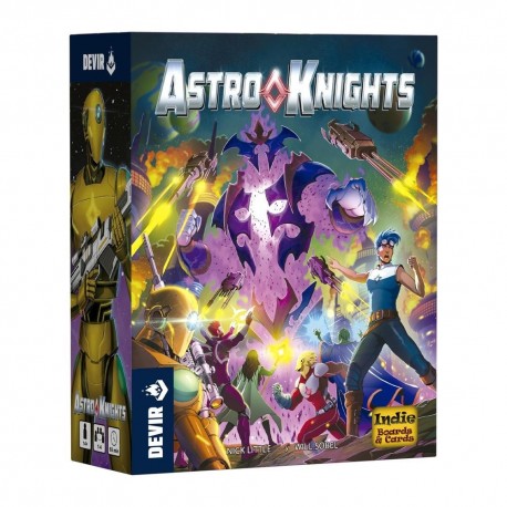Caixa do jogo Astro Knights com heróis galácticos na capa