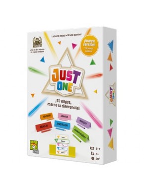 Caixa do jogo de tabuleiro Just One e componentes coloridos