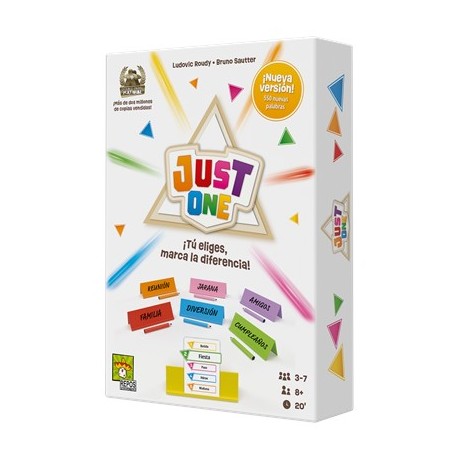 Caixa do jogo de tabuleiro Just One e componentes coloridos