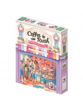 Caixa e componentes do jogo Coffee Rush: Bolos Deliciosos