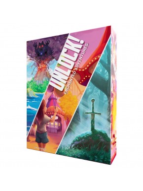 Caixa do jogo de tabuleiro Unlock! Enchanted Adventures com imagens das aventuras