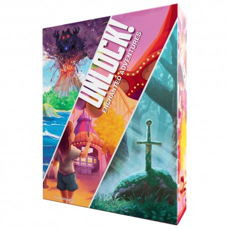 Caixa do jogo de tabuleiro Unlock! Enchanted Adventures com imagens das aventuras