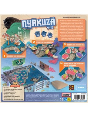 Caixa e componentes do jogo de tabuleiro Nyakuza