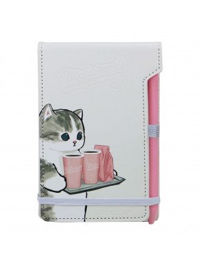Bloc de notas Mofusand con bolígrafo rosa y diseño de gato.