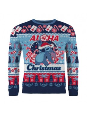 Pull de Noël Stitch Aloha Christmas bleu et rouge