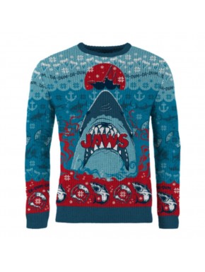 Pull de Noël Jaws bleu et rouge avec requin