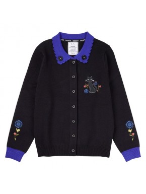 Cardigan negro unisex de Coraline con bordados de gato y flores