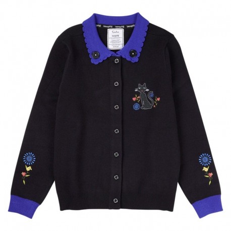 Cardigan negro unisex de Coraline con bordados de gato y flores