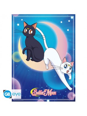 Poster chibi Sailor Moon con Luna y Artemis, fondo azul