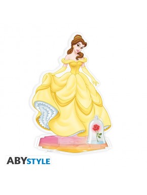 Figurine acrylique de Belle en robe jaune avec rose enchantée