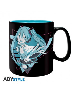 Taza negra con diseño de Hatsune Miku en turquesa