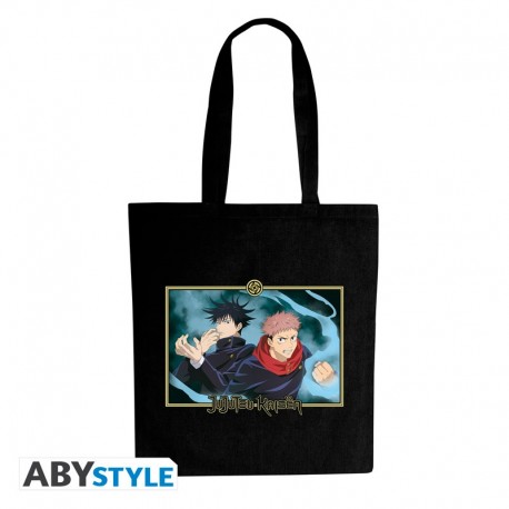 Bolsa tote negra de Jujutsu Kaisen con Itadori y Megumi