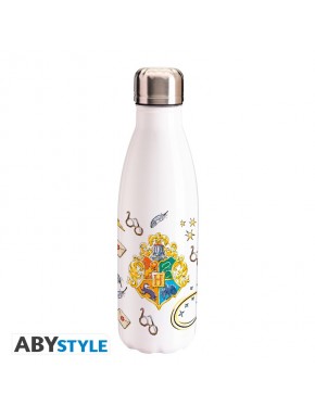 Botella de agua blanca con símbolos de Hogwarts