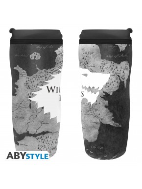 Taza de viaje gris de Game of Thrones con mapa y texto "Winter is Here"