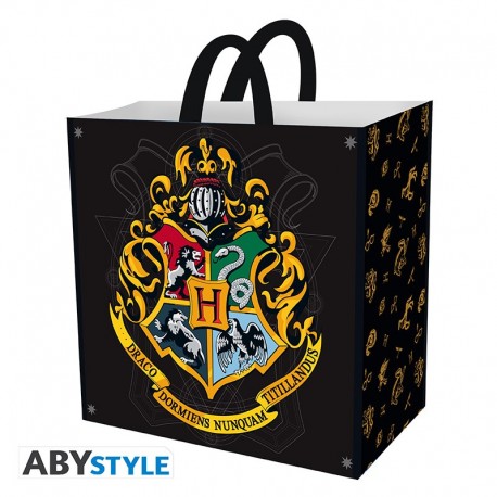 Bolsa de compras negra con escudo de Hogwarts