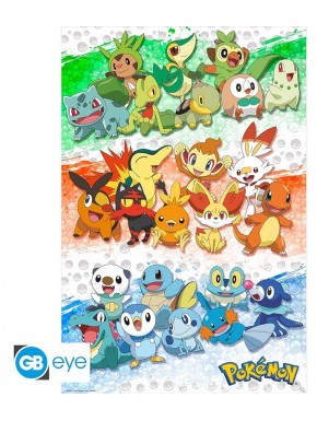 Póster de Pokémon com personagens iniciais em cores vibrantes