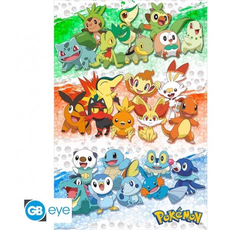 Póster de Pokémon com personagens iniciais em cores vibrantes