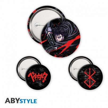 Pack de chapas de BERSERK con Guts en diseño rojo y negro