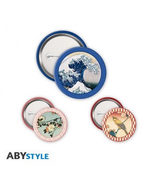 Lot de 4 badges de collection Hokusai avec des designs artistiques