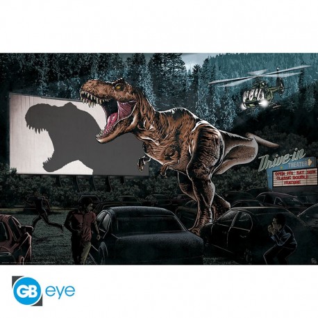 Poster maxi Jurassic World avec T-Rex rugissant au cinéma drive-in