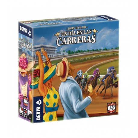 Caja y componentes del juego de mesa Un Día en las Carreras