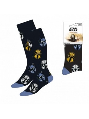 Chaussettes noires The Mandalorian avec casques or, bleu et blanc
