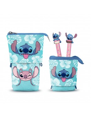 Estuche Lilo y Stitch azul con bolígrafos decorativos