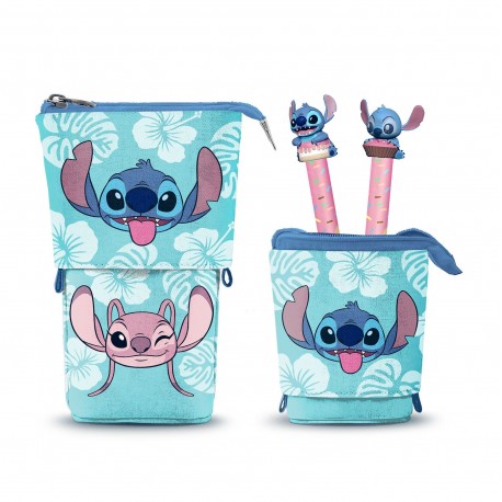 Estuche Lilo y Stitch azul con bolígrafos decorativos
