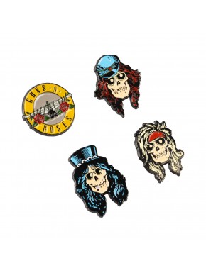 Set de 4 pins Guns N' Roses con logo y calaveras