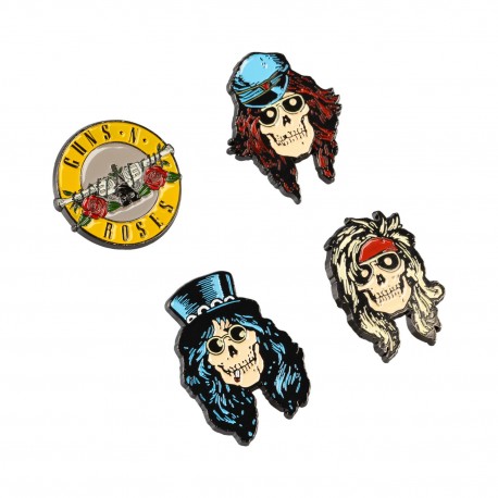 Set de 4 pins Guns N' Roses con logo y calaveras