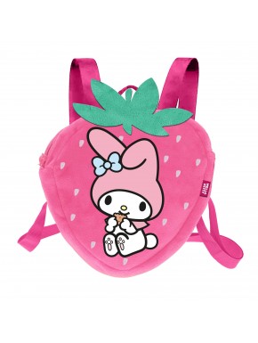 Mochila de pelúcia rosa Hello Kitty My Melody com design de morango