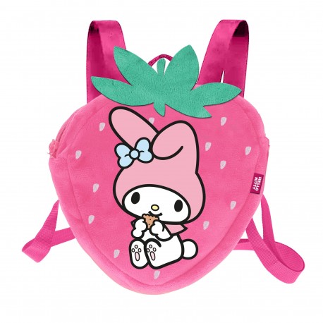 Mochila de pelúcia rosa Hello Kitty My Melody com design de morango