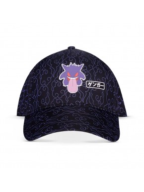 Gorra de béisbol con diseño de Gengar de Pokémon, fondo negro.