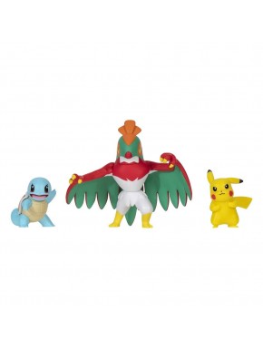 Figuras articuladas de Pokémon Pikachu, Squirtle, y Hawlucha.